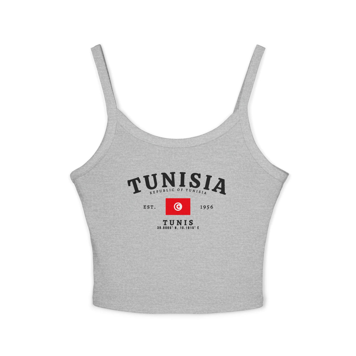 Red tank top with Tunisia text, Tunisian flag, Est. 1956, and Tunis coordinates design
