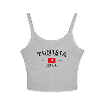 Red tank top with Tunisia text, Tunisian flag, Est. 1956, and Tunis coordinates design