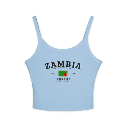 Black tank top with vintage Zambia, Republic of Zambia, Lusaka, flag, and est. 1964 design