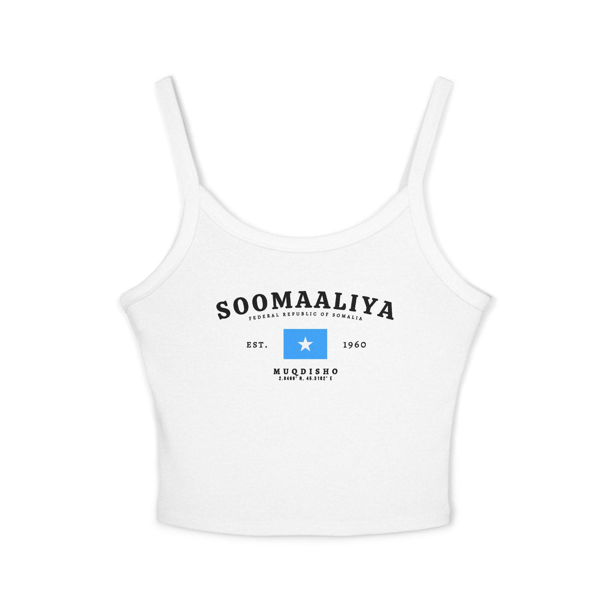 Light blue tank top with Soomaaliya text, Somalia flag, Est. 1960, and Muqdisho coordinates