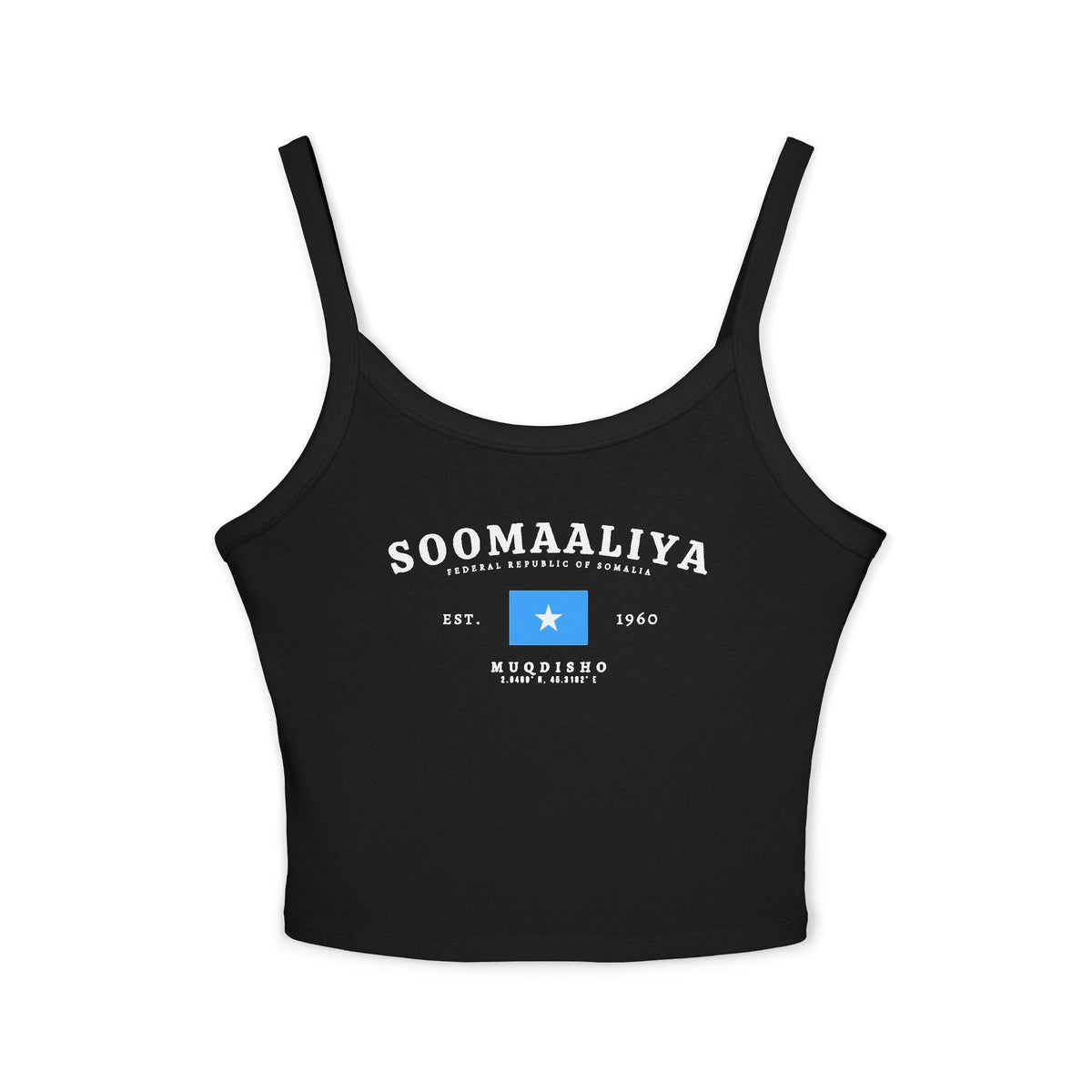 Light blue tank top with Soomaaliya text, Somalia flag, Est. 1960, and Muqdisho coordinates