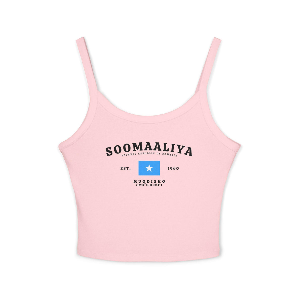 Light blue tank top with Soomaaliya text, Somalia flag, Est. 1960, and Muqdisho coordinates