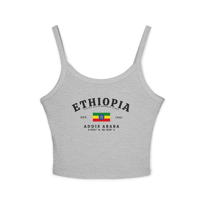 Navy tank top with arched Ethiopia text, Ethiopian flag, Amharic script, and Addis Ababa coordinates