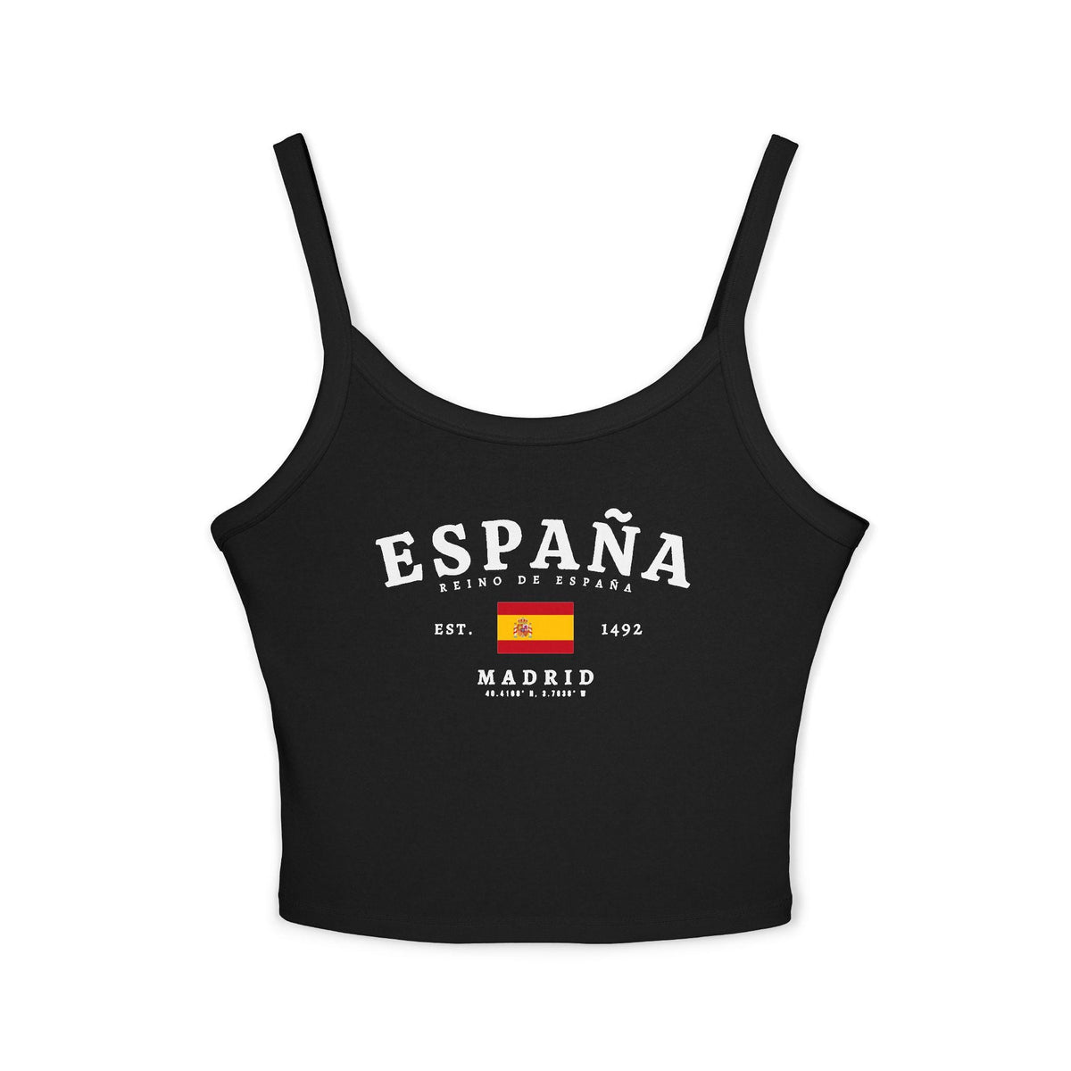 Red tank top with white ESPAÑA lettering, Spanish flag, Reino de España, and Madrid details