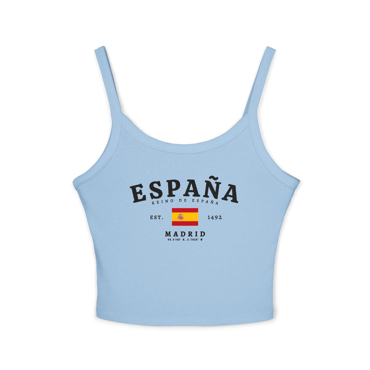 Red tank top with white ESPAÑA lettering, Spanish flag, Reino de España, and Madrid details