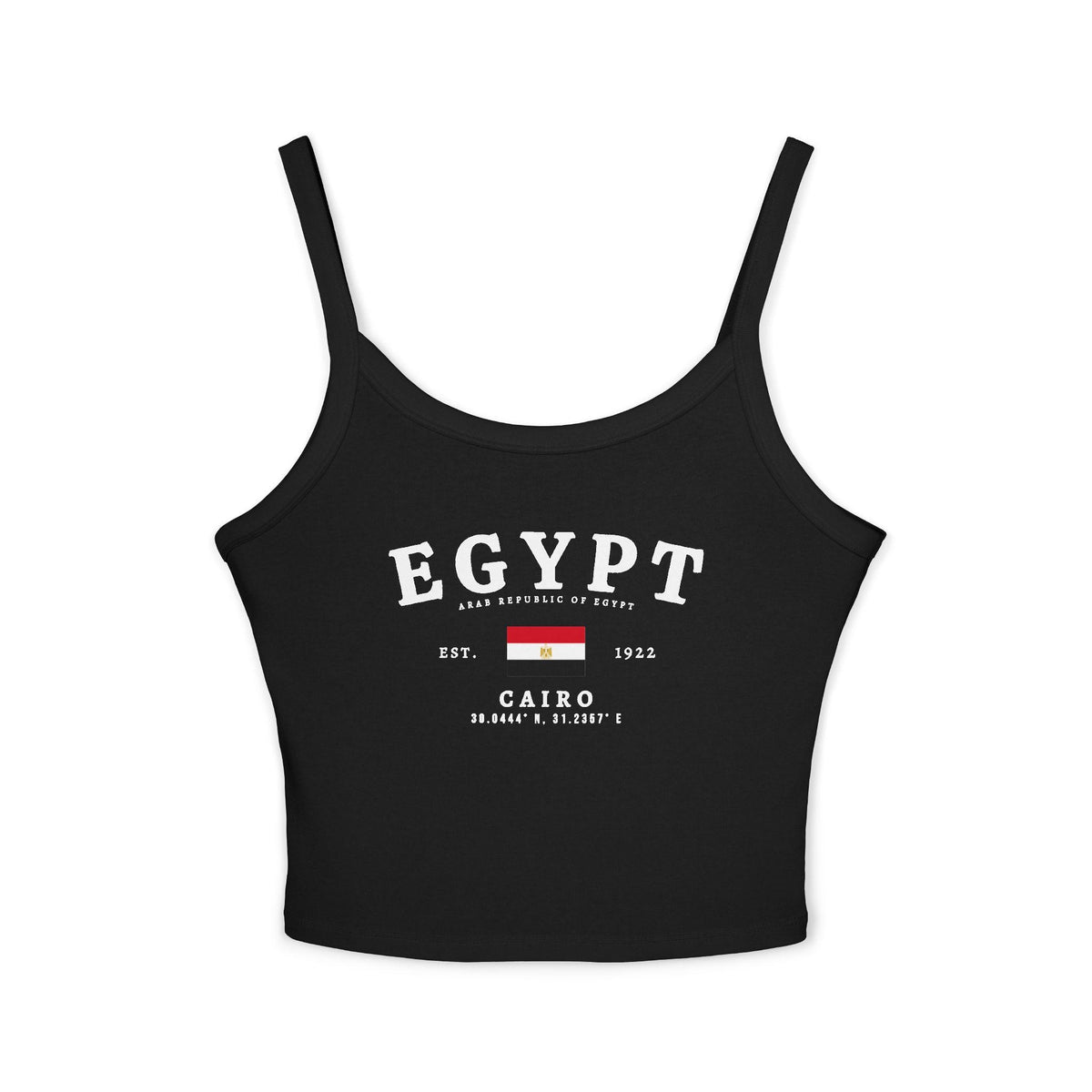 Red Egypt tank top with Cairo text, Egyptian flag, Est. 1922, and coordinates