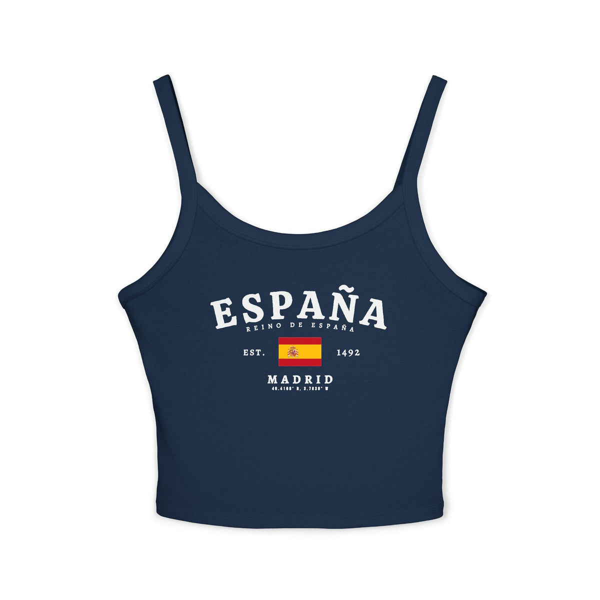 Red tank top with white ESPAÑA lettering, Spanish flag, Reino de España, and Madrid details