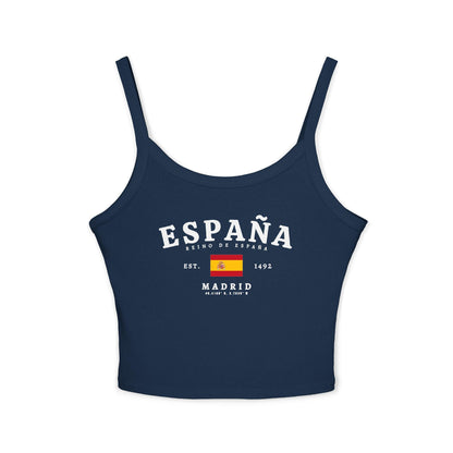 Red tank top with white ESPAÑA lettering, Spanish flag, Reino de España, and Madrid details