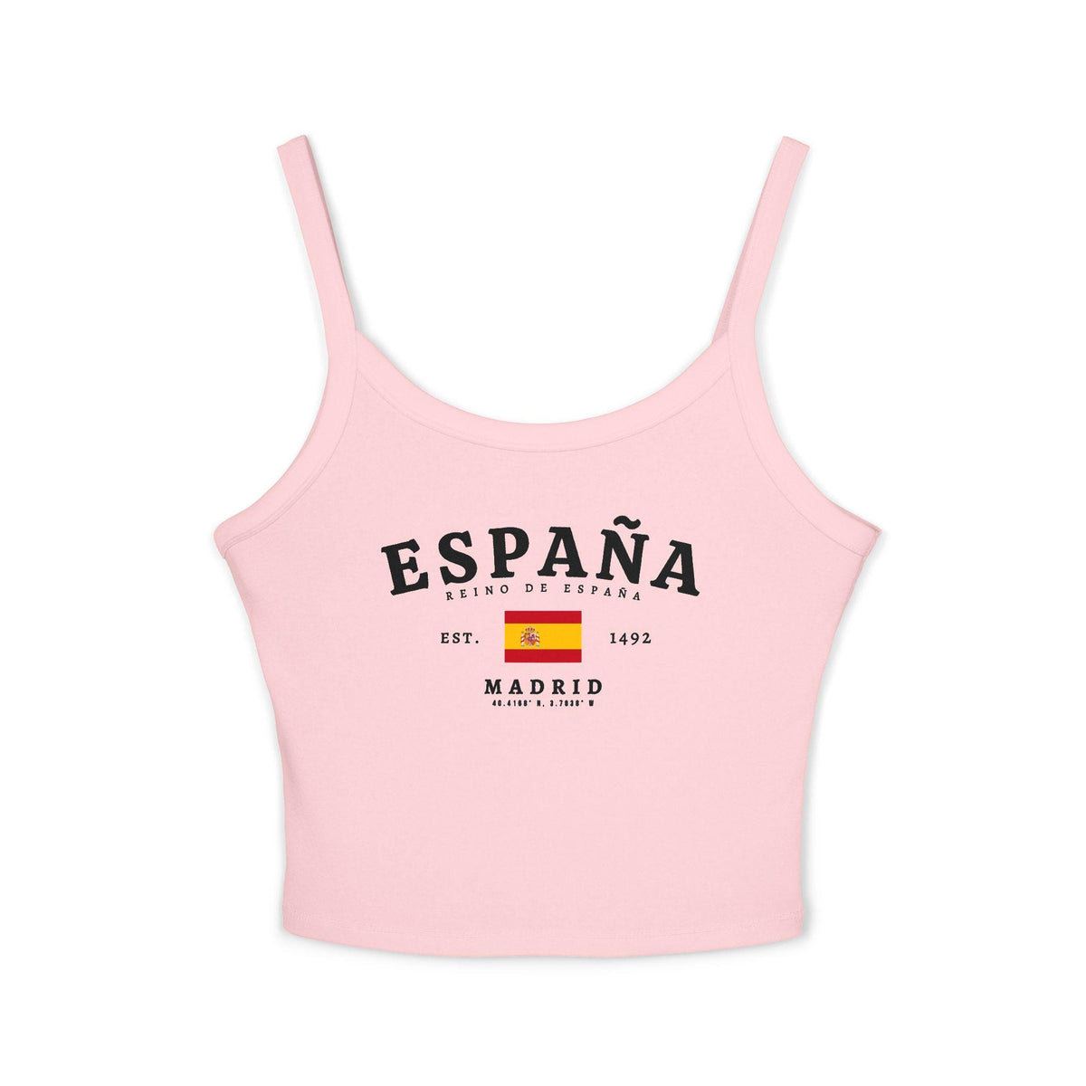 Red tank top with white ESPAÑA lettering, Spanish flag, Reino de España, and Madrid details