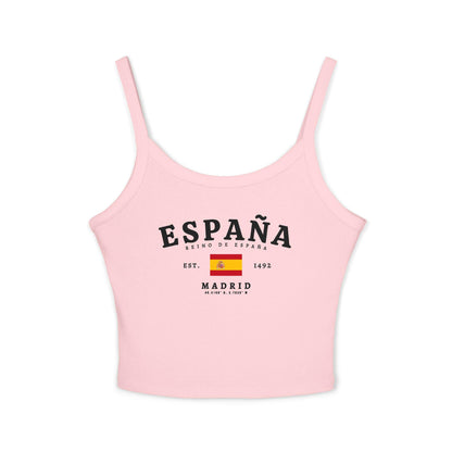 Red tank top with white ESPAÑA lettering, Spanish flag, Reino de España, and Madrid details
