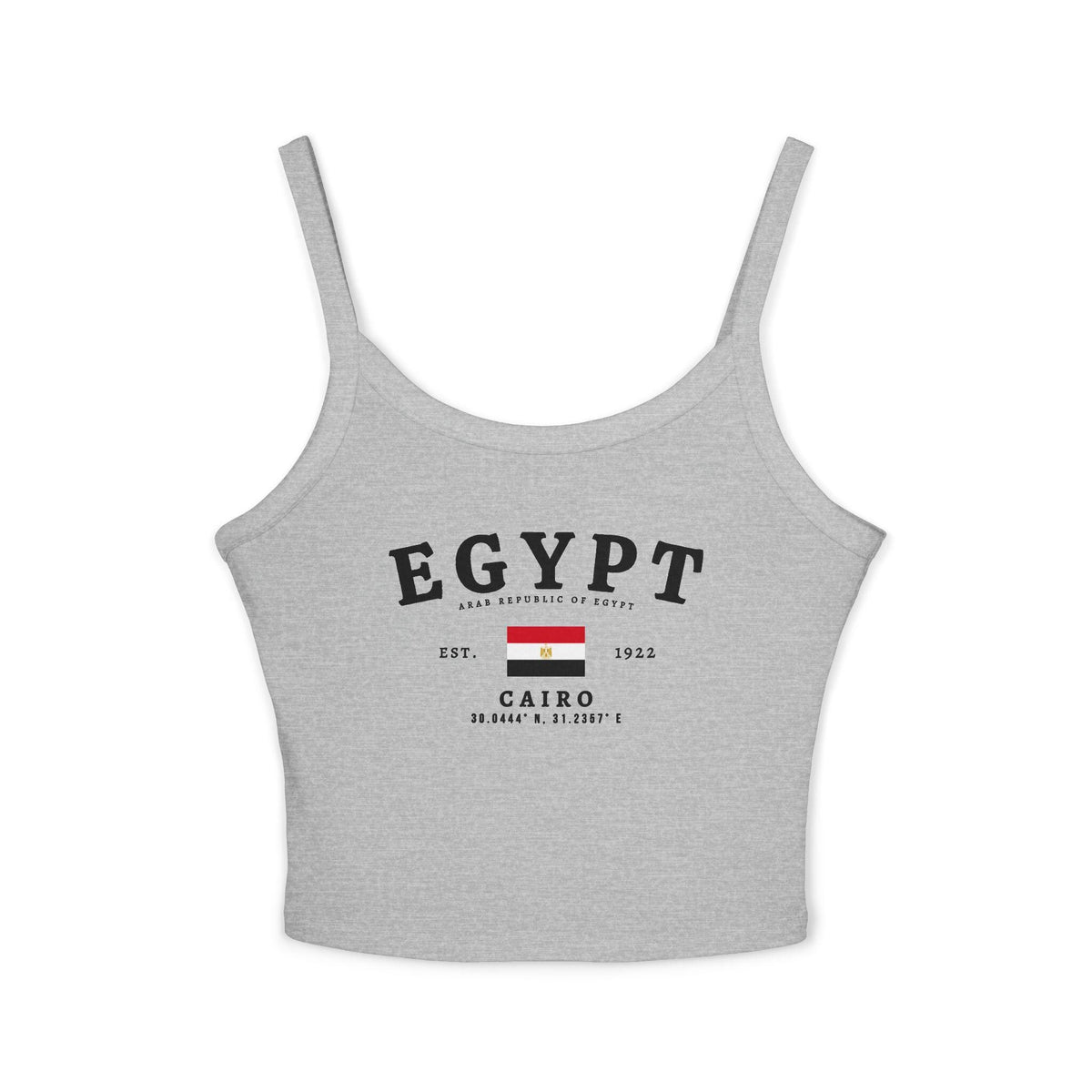 Red Egypt tank top with Cairo text, Egyptian flag, Est. 1922, and coordinates