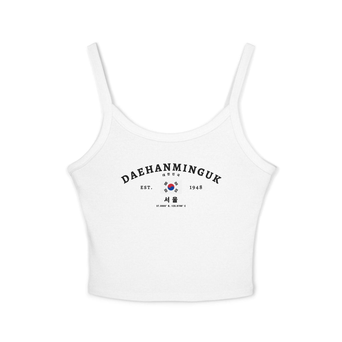 Navy tank top with Daehanminguk text, South Korean flag, Seoul lettering, and coordinates.