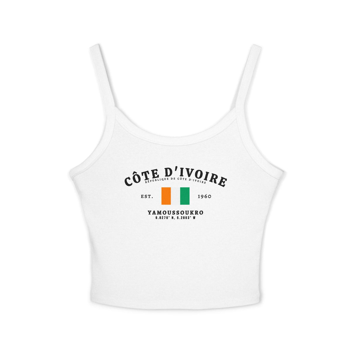 Navy tank top with Côte d'Ivoire flag, Yamoussoukro, Est. 1960 and coordinate design