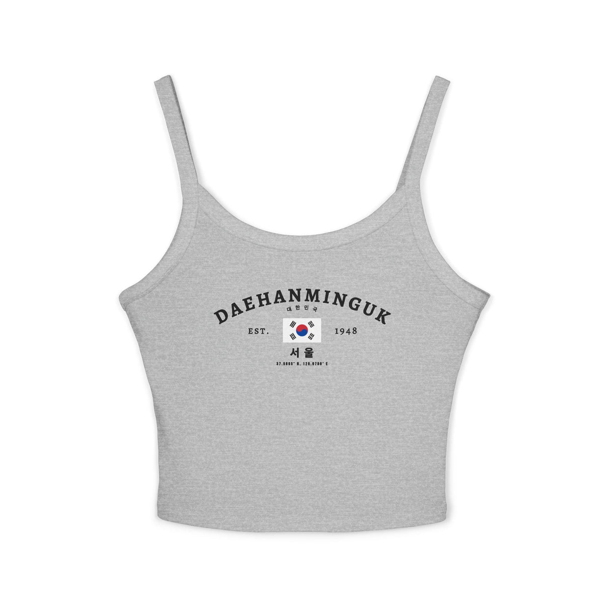 Navy tank top with Daehanminguk text, South Korean flag, Seoul lettering, and coordinates.