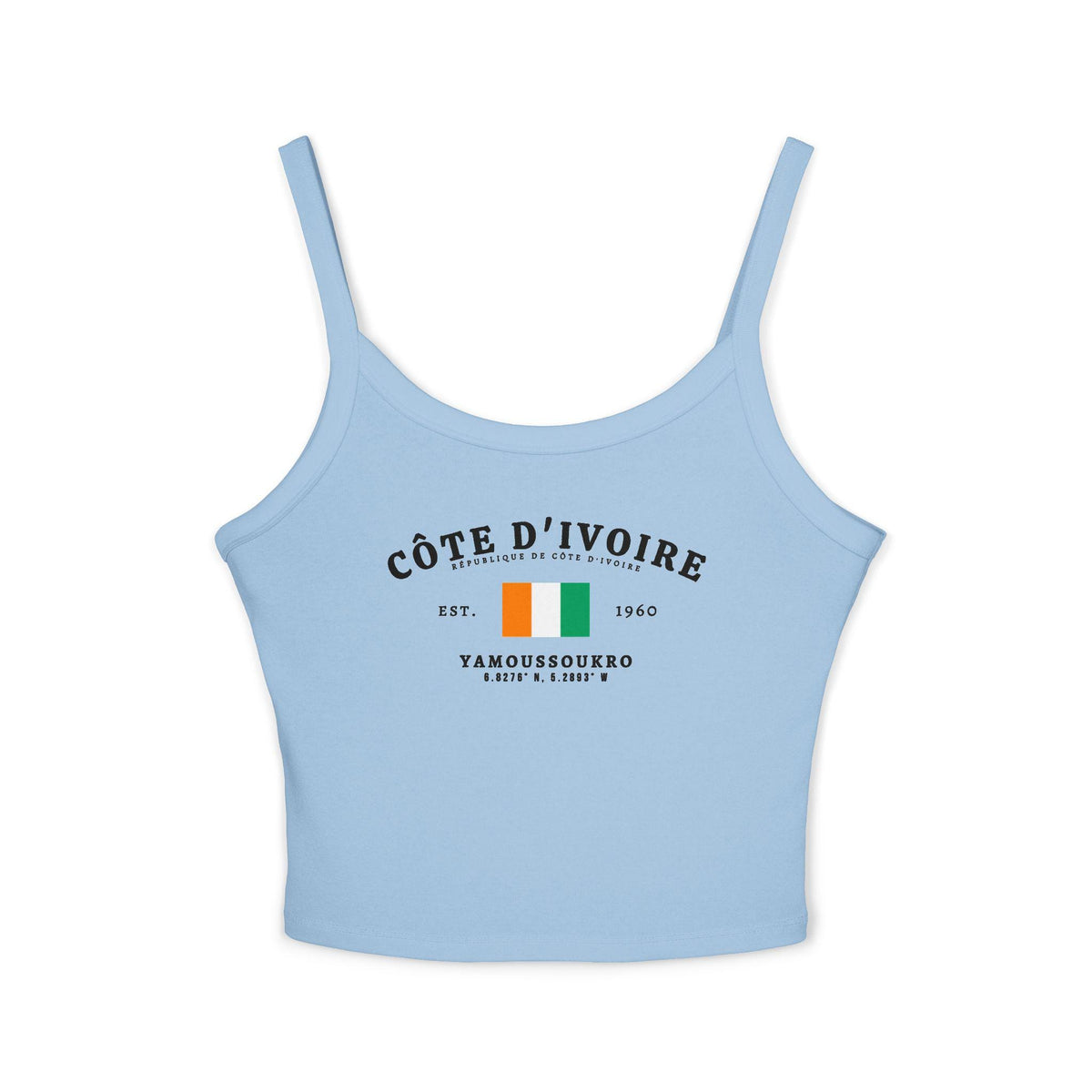 Navy tank top with Côte d'Ivoire flag, Yamoussoukro, Est. 1960 and coordinate design