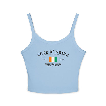 Navy tank top with Côte d'Ivoire flag, Yamoussoukro, Est. 1960 and coordinate design