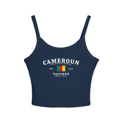 Black tank top with Cameroun text, Cameroon flag, Est. 1960, and Yaoundé coordinates design