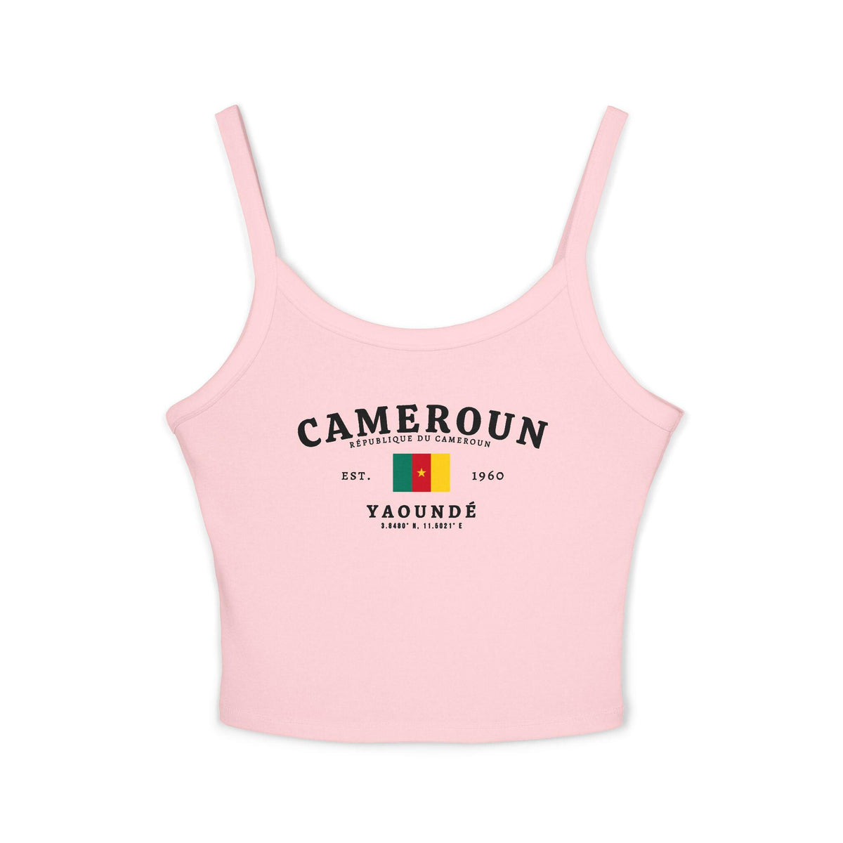 Black tank top with Cameroun text, Cameroon flag, Est. 1960, and Yaoundé coordinates design