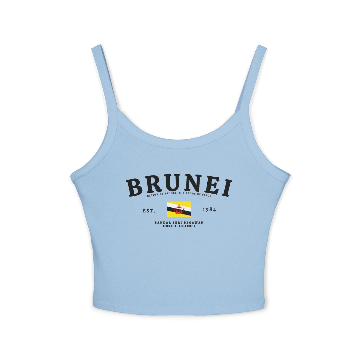 Light blue tank top with vintage Brunei lettering, Brunei flag, Est. 1984, and Bandar Seri Begawan text