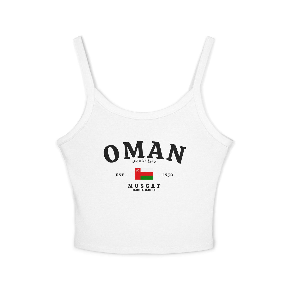 Navy tank top with large Oman text, Arabic script, Oman flag, and Muscat coordinates