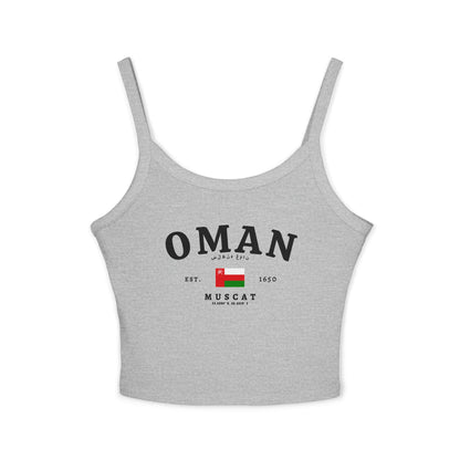 Navy tank top with large Oman text, Arabic script, Oman flag, and Muscat coordinates