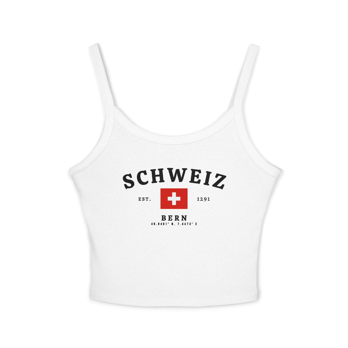 Red tank top with SCHWEIZ lettering, Swiss flag, EST. 1291, and Bern coordinates design