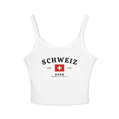 Red tank top with SCHWEIZ lettering, Swiss flag, EST. 1291, and Bern coordinates design