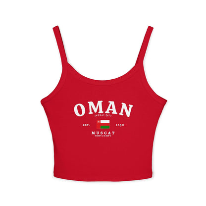 Navy tank top with large Oman text, Arabic script, Oman flag, and Muscat coordinates