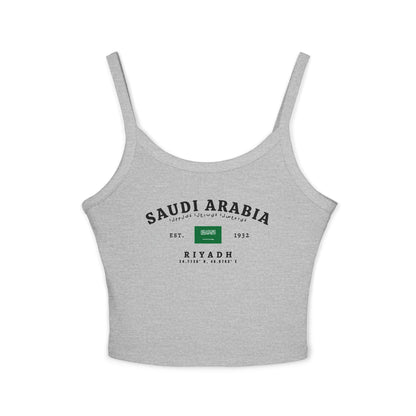 White tank top with vintage Saudi Arabia Riyadh design, flag, EST. 1932 text, Arabic script, and coordinates