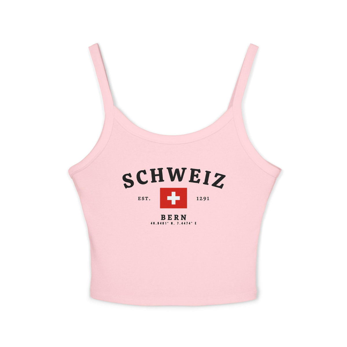 Red tank top with SCHWEIZ lettering, Swiss flag, EST. 1291, and Bern coordinates design