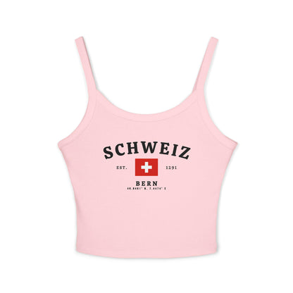 Red tank top with SCHWEIZ lettering, Swiss flag, EST. 1291, and Bern coordinates design