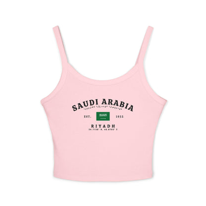White tank top with vintage Saudi Arabia Riyadh design, flag, EST. 1932 text, Arabic script, and coordinates