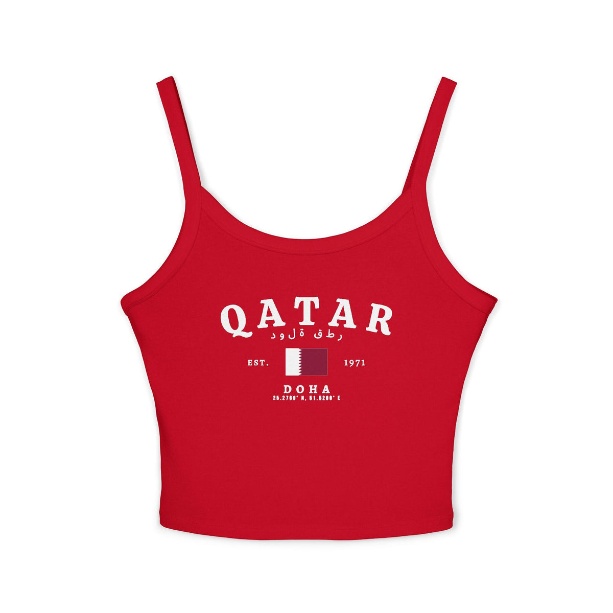 Red tank top with Qatar, Doha, Arabic lettering, Qatar flag, and EST. 1971 design