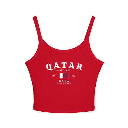 Red tank top with Qatar, Doha, Arabic lettering, Qatar flag, and EST. 1971 design