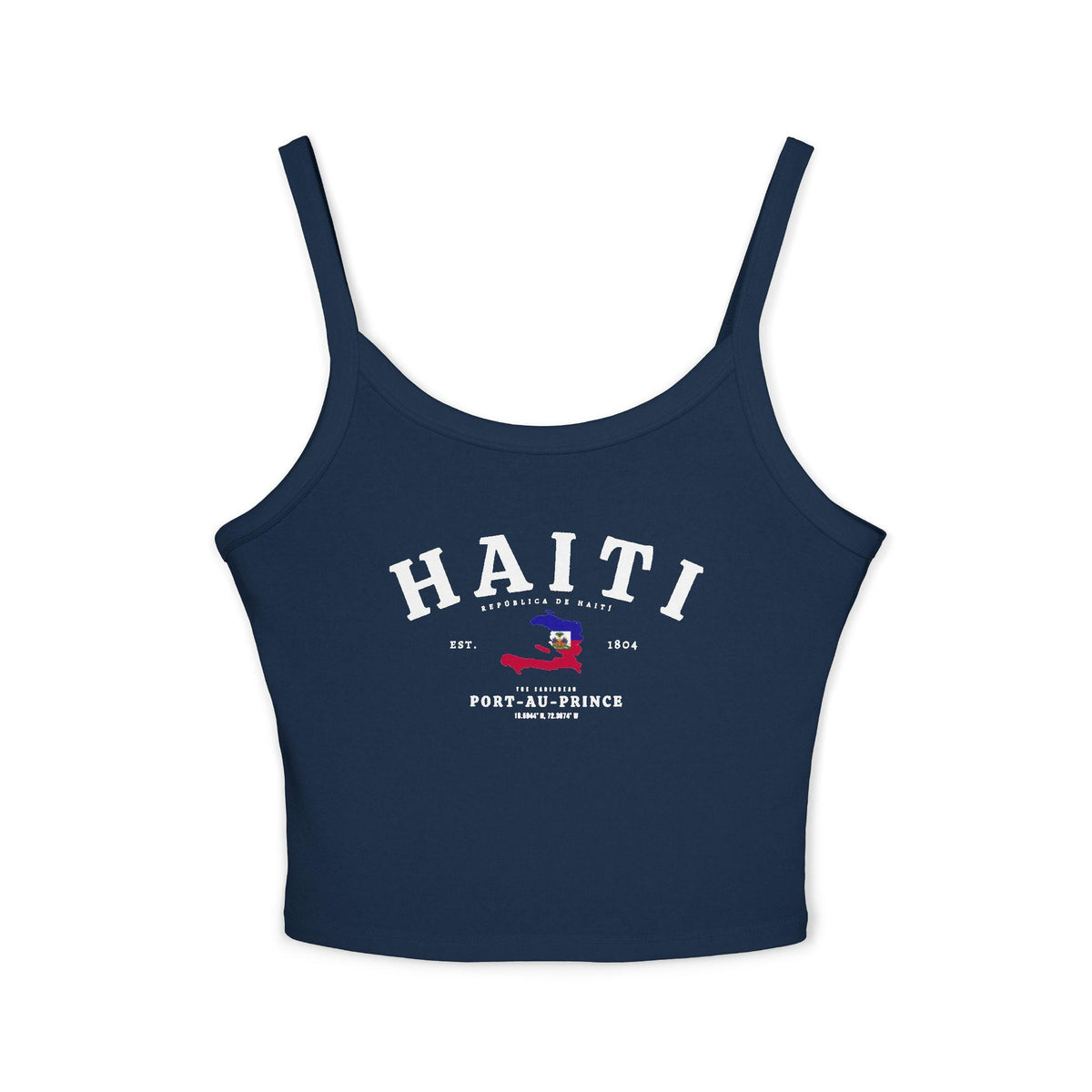 Navy tank top with arched Haiti text, flag-colored map, Est. 1804, and Port-au-Prince design