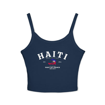 Navy tank top with arched Haiti text, flag-colored map, Est. 1804, and Port-au-Prince design