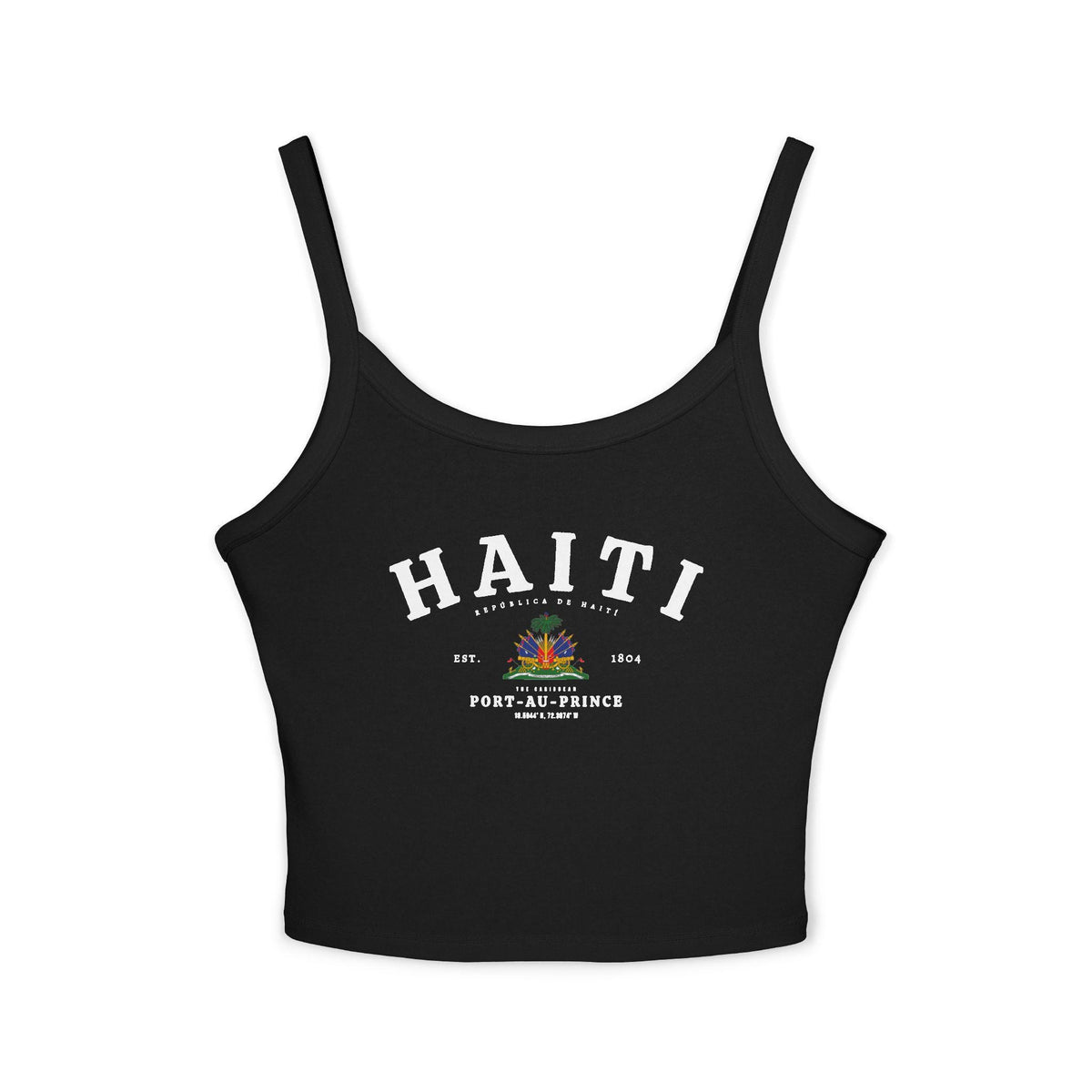 Navy tank top showing arched HAITI text, Haiti coat of arms, Est. 1804, and Port-au-Prince details