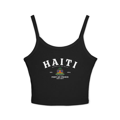 Navy tank top showing arched HAITI text, Haiti coat of arms, Est. 1804, and Port-au-Prince details