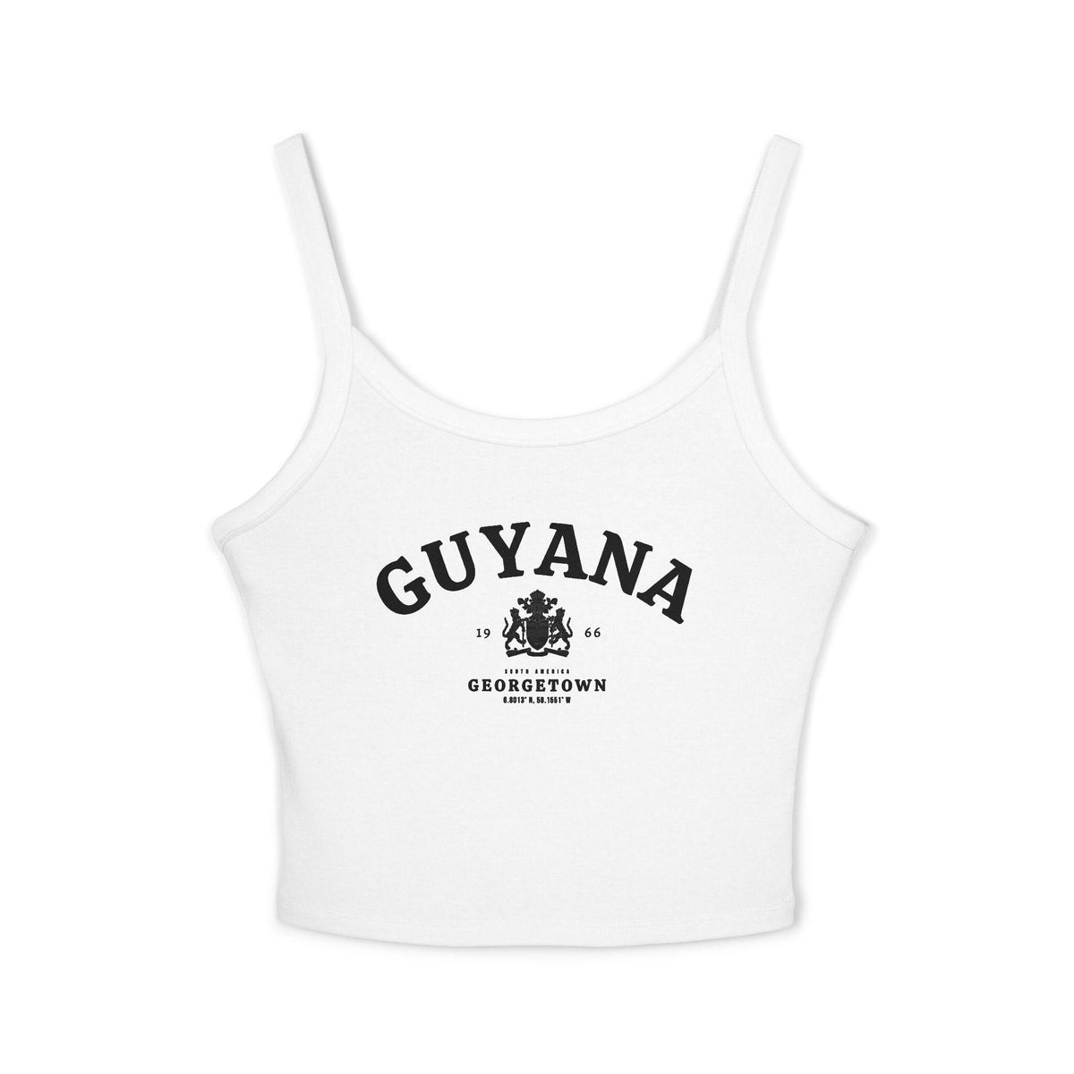 Black tank top with vintage Guyana Georgetown design, coat of arms, 1966, and South America text