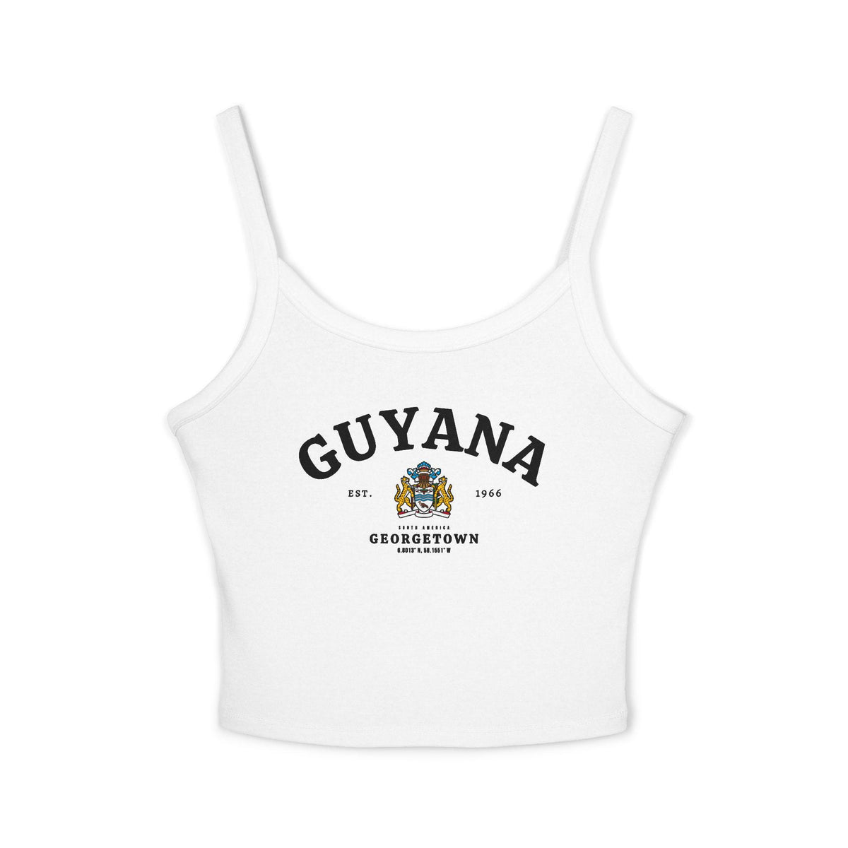 Navy tank top with arched Guyana text, coat of arms, Georgetown, Est. 1966, and South America details