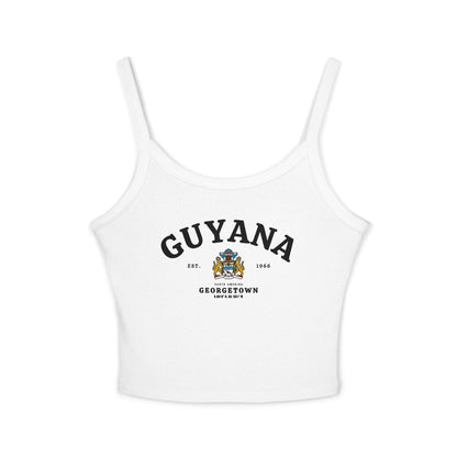 Navy tank top with arched Guyana text, coat of arms, Georgetown, Est. 1966, and South America details