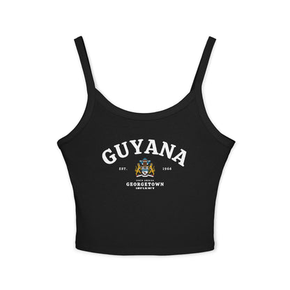 Navy tank top with arched Guyana text, coat of arms, Georgetown, Est. 1966, and South America details