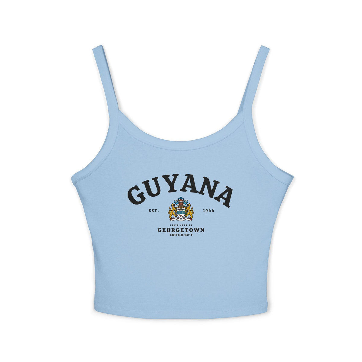Navy tank top with arched Guyana text, coat of arms, Georgetown, Est. 1966, and South America details