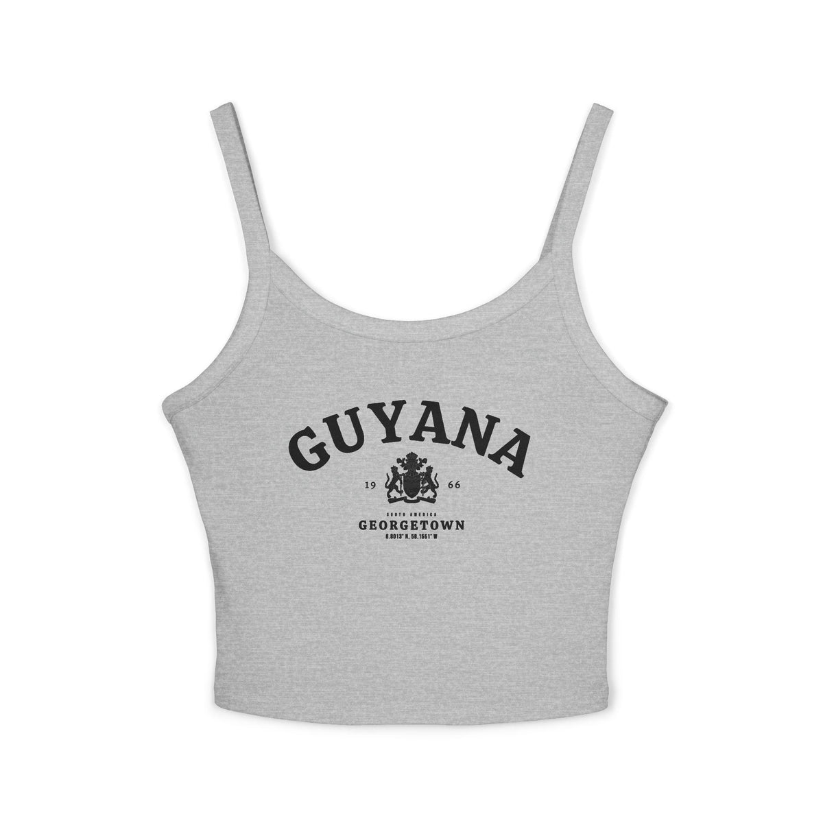 Black tank top with vintage Guyana Georgetown design, coat of arms, 1966, and South America text