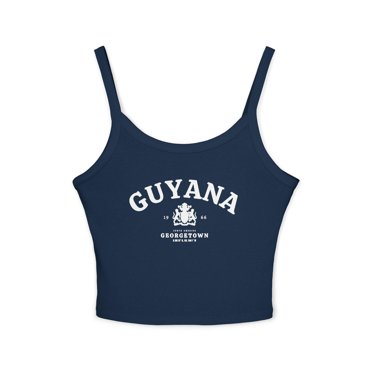 Black tank top with vintage Guyana Georgetown design, coat of arms, 1966, and South America text