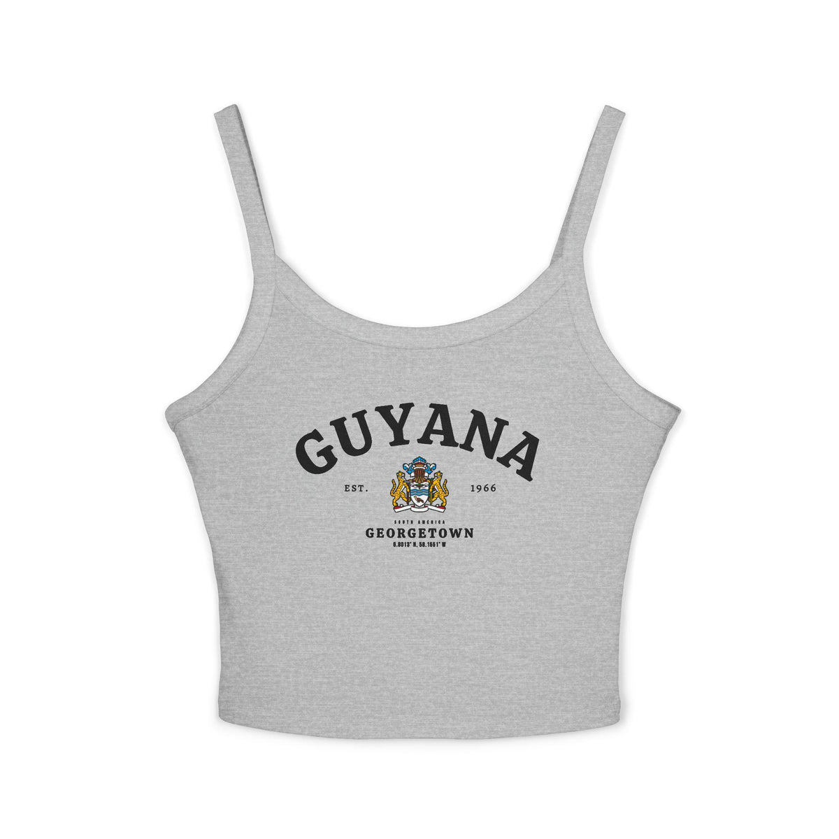 Navy tank top with arched Guyana text, coat of arms, Georgetown, Est. 1966, and South America details
