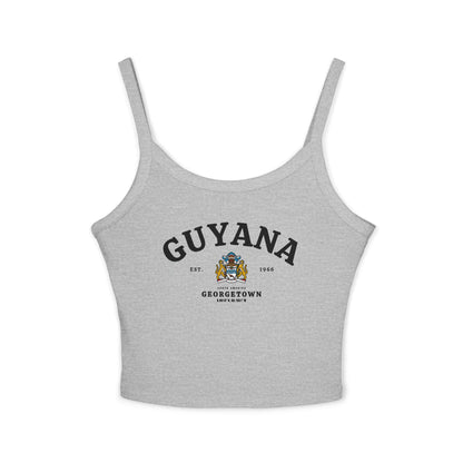 Navy tank top with arched Guyana text, coat of arms, Georgetown, Est. 1966, and South America details