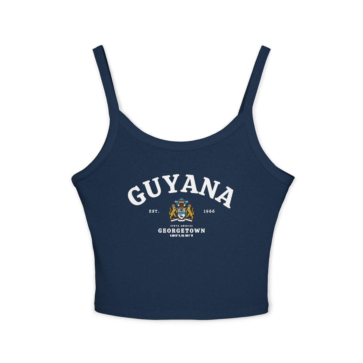 Navy tank top with arched Guyana text, coat of arms, Georgetown, Est. 1966, and South America details