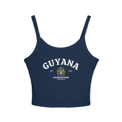 Navy tank top with arched Guyana text, coat of arms, Georgetown, Est. 1966, and South America details