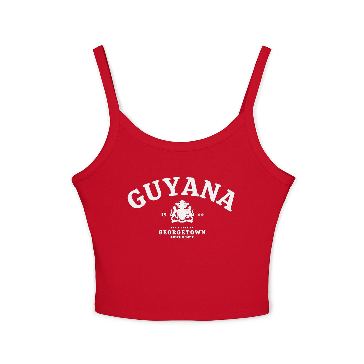Black tank top with vintage Guyana Georgetown design, coat of arms, 1966, and South America text